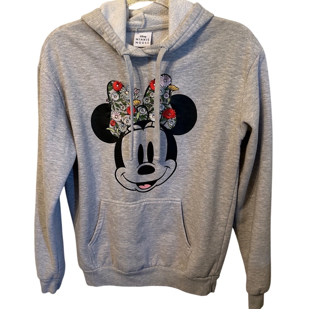 Disney Minnie Mouse Graphic Hoodie Sweatshirt Light Gray Women embroidered Small